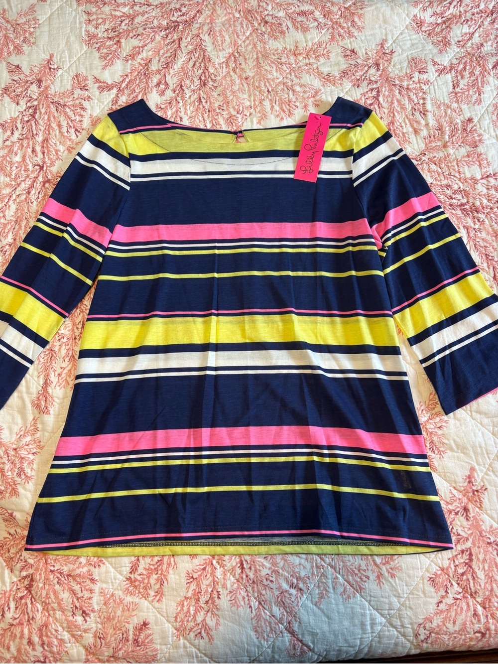 Lilly Pulitzer Navy Striped Boatneck Top with Pink & Yellow Accents